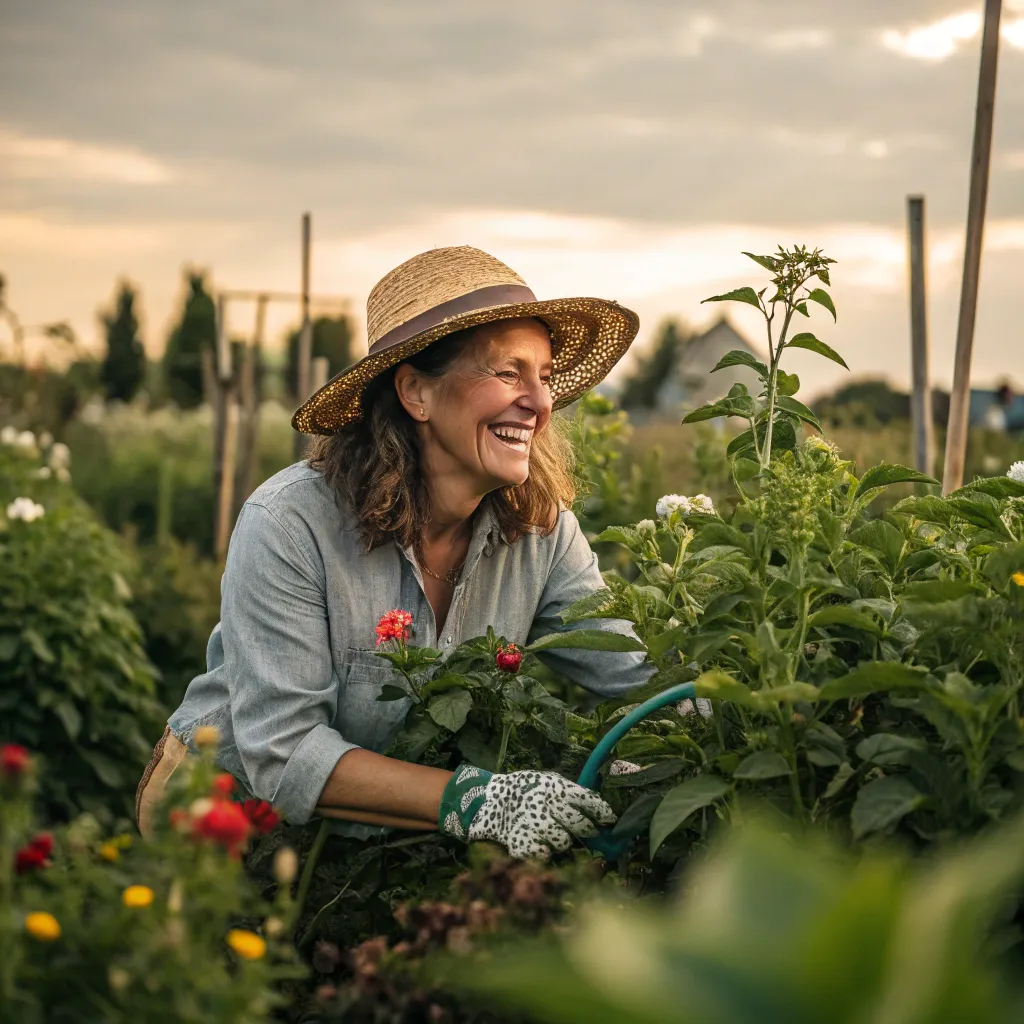 Smiling woman in a garden workshop