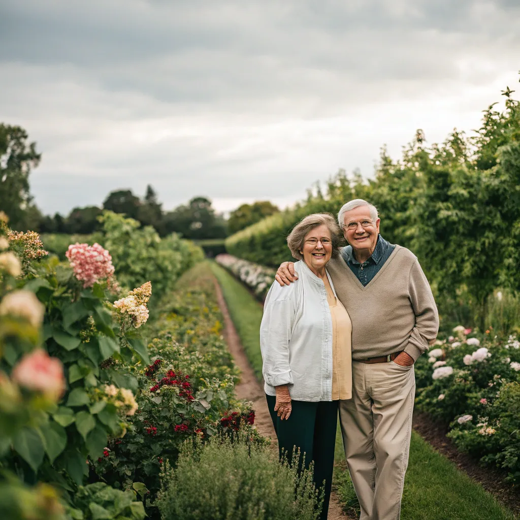 Elderly couple posing in their lush garden